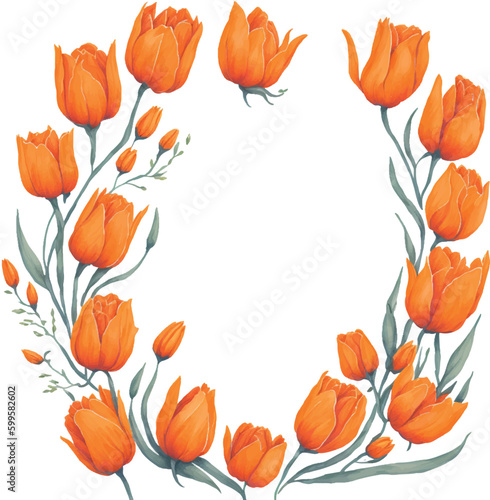 Fototapeta Naklejka Na Ścianę i Meble -  watercolor illustration of spring orange tulips frame isolated. Template of spring flowers for floral design