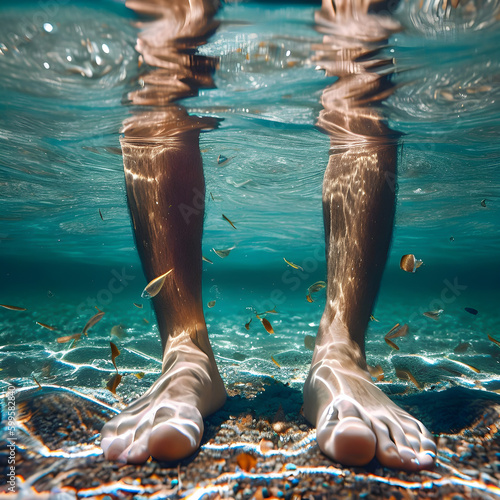Pies de hombre dentro de agua cristalina. Pies de hombre rodeados de peces en una playa cristalina. photo