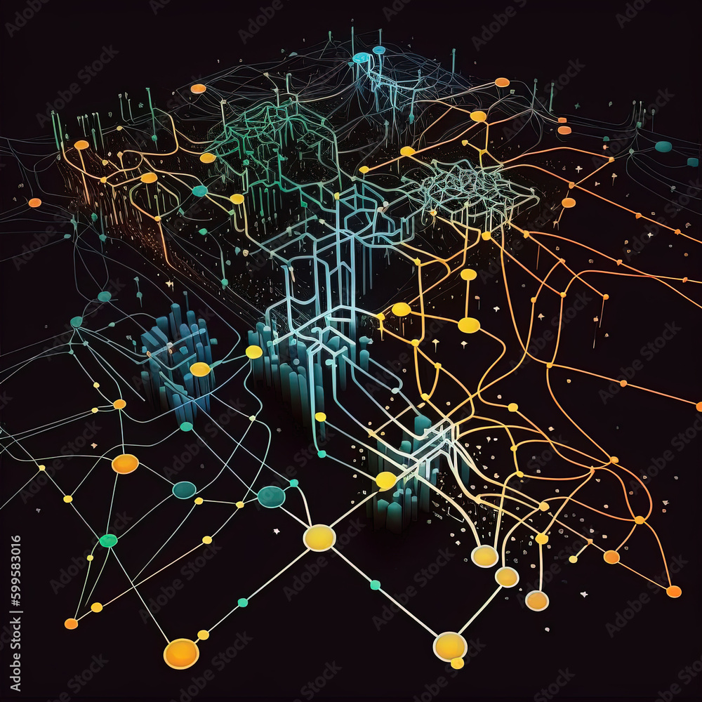 A matrix-style visualization of network traffic, showing the flow of data through a complex web