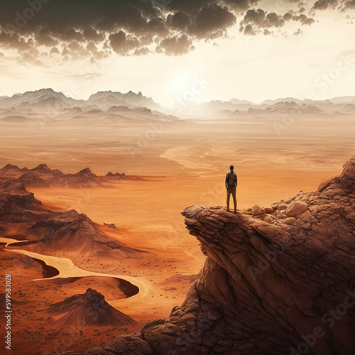 A person standing on the edge of a cliff, looking out at a vast desert landscape