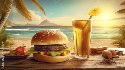 A realistic and detailed photo of a summer cold drink and burger, along with a picturesque landscape of a palm-filled beach. Generative AI
