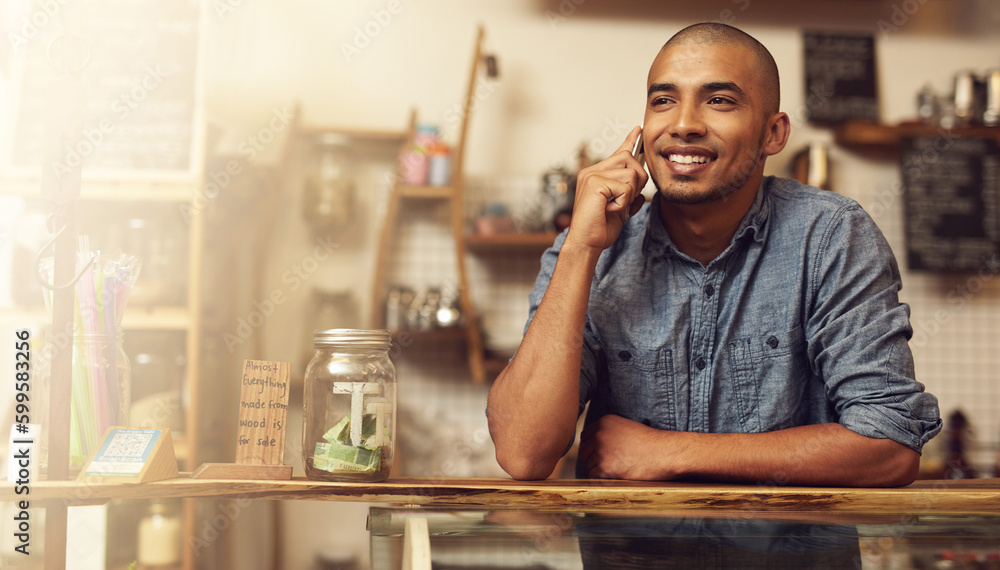 Smile, phone call and man with startup success, connection and communication for planning. Male person, happy employee and business owner with happiness, conversation and discussion in store and shop Smile, phone call and man with startup success, connection and communication for planning. Male person, happy employee and business owner with happiness, conversation and discussion in store and shop