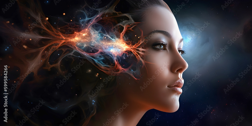 Beautiful female face on dark space background, AI generated