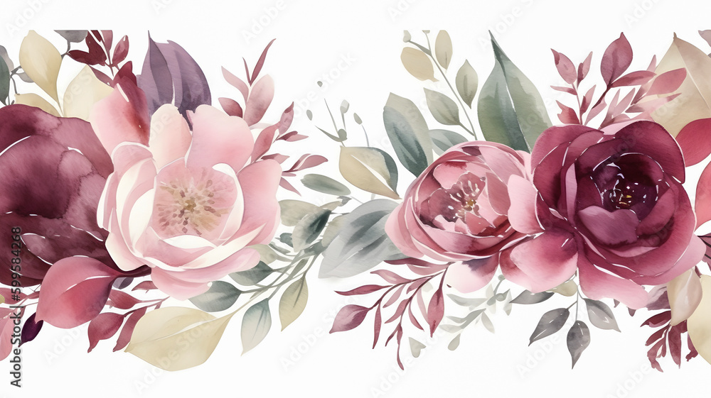 Watercolour floral background green leaves, burgundy maroon pink peach blush white flowers on white background. Ai generated