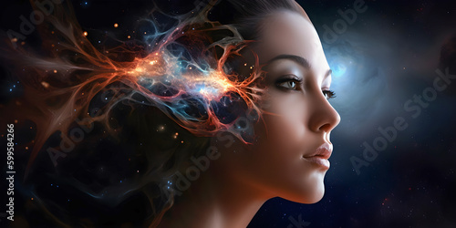 Beautiful female face on dark space background, AI generated