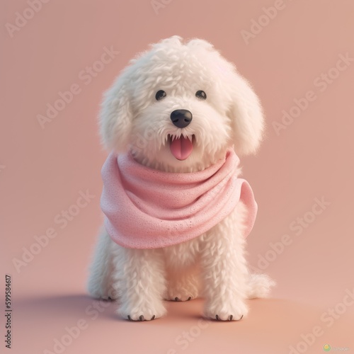 A photobashed, soft-focused realistic image of an all-white Komondor puppy wearing a light pink sweater and sitting on a pink surface. AI Generative photo