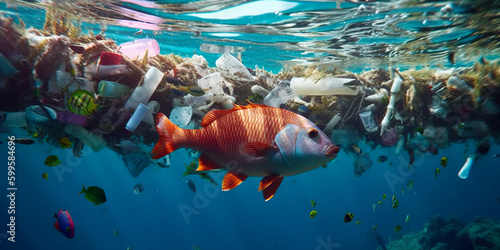 A fish swims among the pollution of the ocean with a plastic bag. Environment concept. Generative AI 