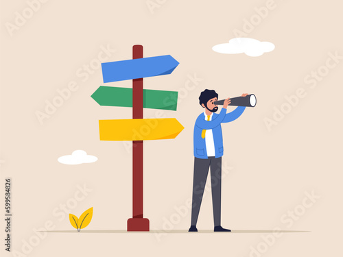 Search for right direction concept. Make decision or career path. business opportunity or success way, vision to see future. smart businessman look through spyglass or binoculars to discover solution.