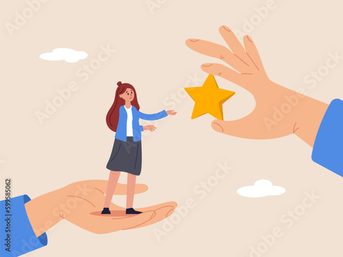 Employee success recognition concept. Winning confidence businesswoman standing on big hand getting star reward. encourage and motivate best performance, cheering or honor on success or achievement.