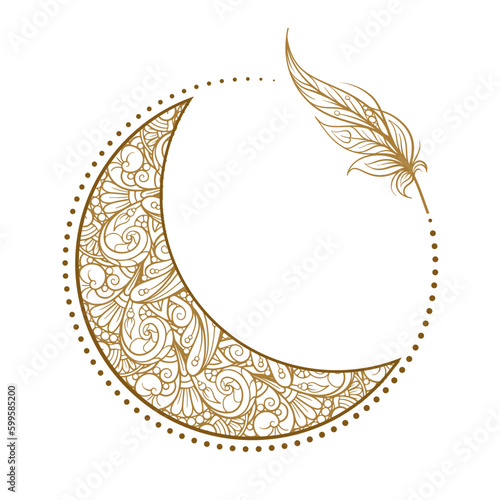Golden cresent moon temporary tattoo. Ethnic style vector graphic.