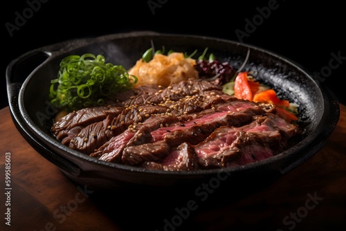 beef steak on a plate japanese Style, Food Photos, Beef Lover, Steak Lover, American Cuisine, Beef Grill With Mash Potato, Dinner Time, Generate by AI