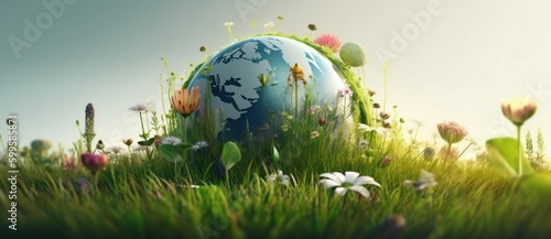 Earth, sustainability concept. Generative AI. Green forests, water, birds, animals in the form of a globe.