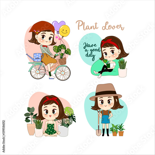 Set of plant loving girl illustration