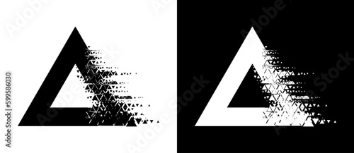 Triangles with glitch halftone texture. Black shape on a white background and the same white shape on the black side.