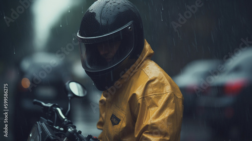 A motorcyclist riding in the rain with protective