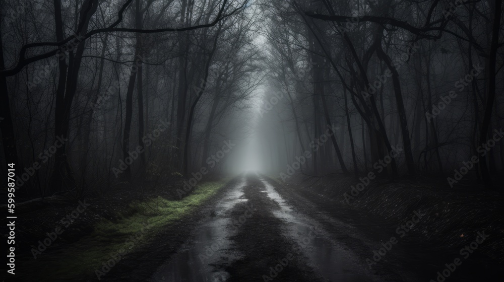 Naklejka premium Deserted dark forest road. AI generated.