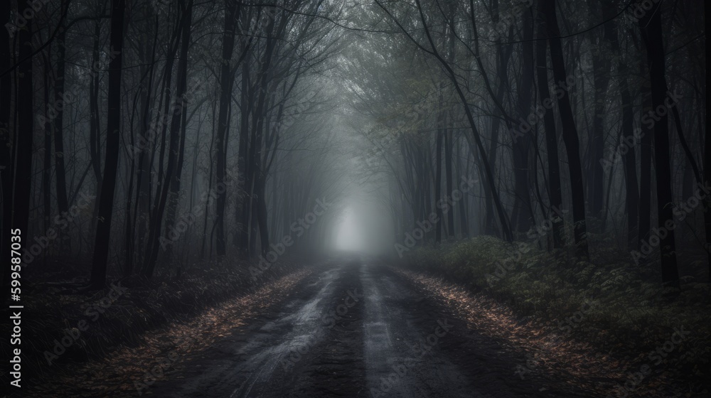 Deserted dark forest road. AI generated.