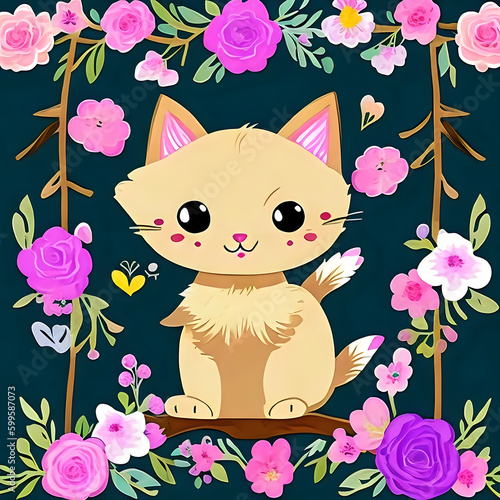  An AI-Painted Portrait of a Cute Cat Adorned with Floral Beauty cute cat and flowers clip art photo