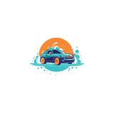 shiny clean car being washed include water bubbles, car wash company logo. modern flat color 