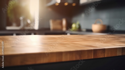Empty wooden tabletop with blurred kitchen. AI generated.