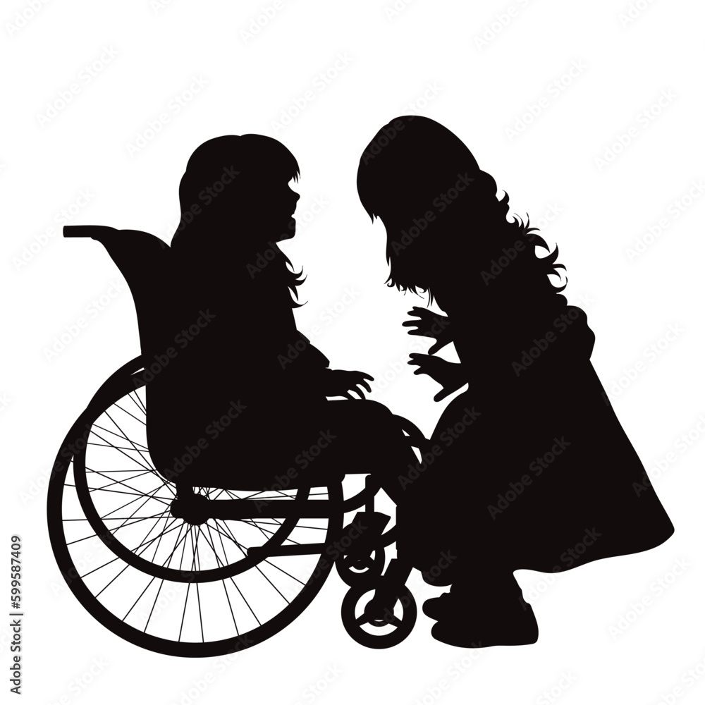 Vector silhouette of one of a siblings sitting in a wheelchair on a white background. Vector silhouette of one of a siblings sitting in a wheelchair on a white background.