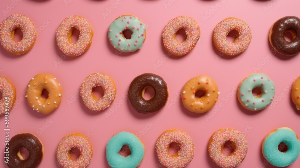 Flat lay donuts pattern isolated background. AI generated.