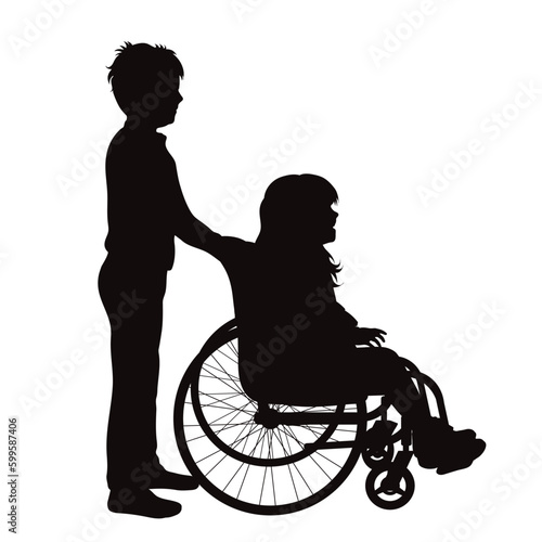 Vector silhouette of one of a siblings sitting in a wheelchair on a white background.