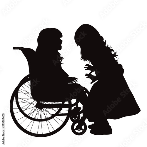 Vector silhouette of one of a siblings sitting in a wheelchair on a white background.
