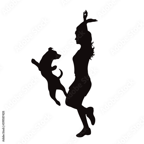 Vector silhouette of dancing woman with her happy dog on white background.