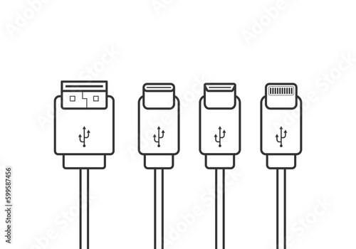 set USB icons, usb-a, usb-c, lightning, icon vector illustration editable stroke.