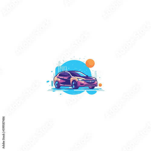 shiny clean car being washed include water bubbles, car wash company logo. modern flat color 