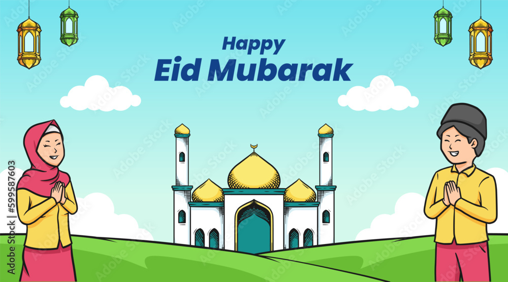 Ramadan Kareem. Happy Ramadan. Cute cartoon characters Muslim boy and girl Ramadan Kareem. Happy Ramadan. Cute cartoon characters Muslim boy and girl