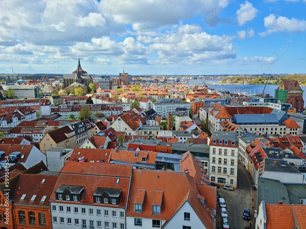 Aerial view of the old town of Rostock and the Warnow river, Mecklenburg, Germany