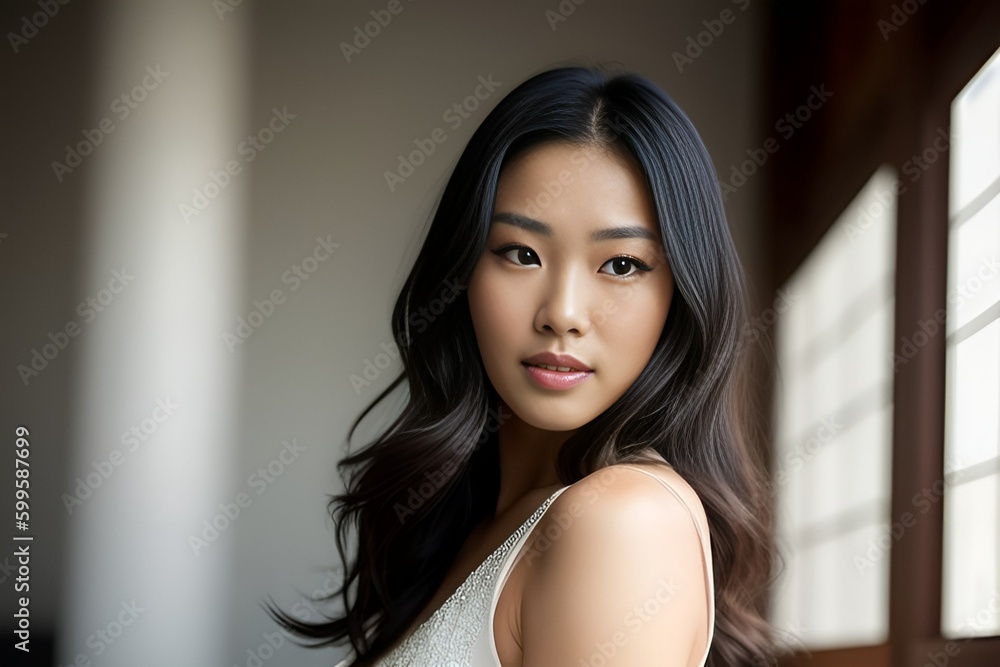 Generative Ai. Close-up portrait of an attractive brunette with long hair near a window in a bright room Generative Ai. Close-up portrait of an attractive brunette with long hair near a window in a bright room