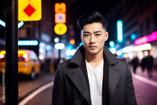 Wallpaper Mural Generative Ai. A young Korean man in stylish clothes stands on the night street of a big city in neon lights Torontodigital.ca