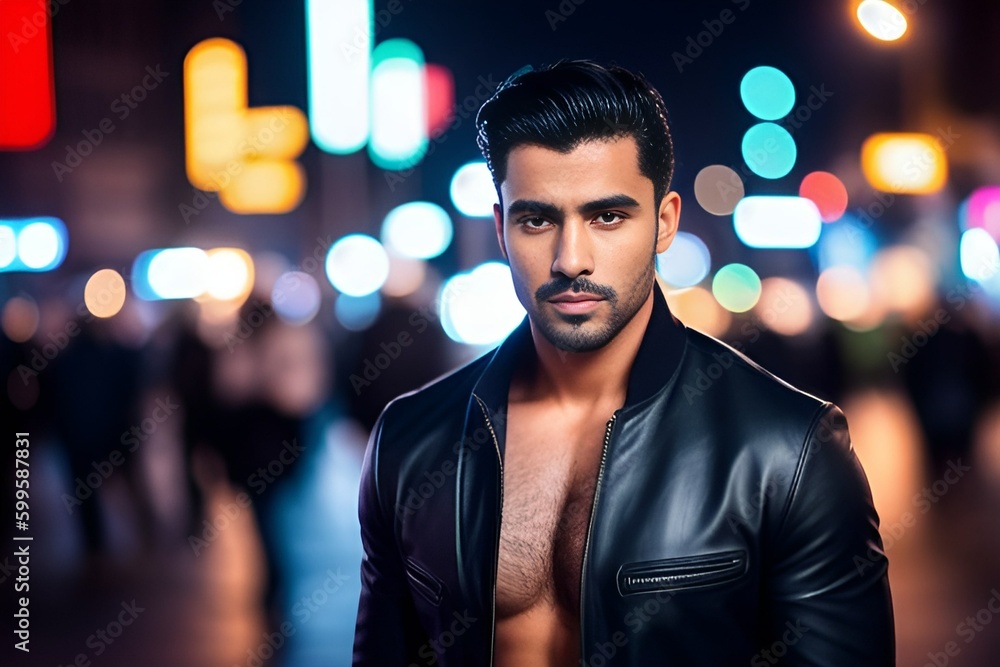 Generative Ai. Arab model in a leather jacket on a naked body in the night city Generative Ai. Arab model in a leather jacket on a naked body in the night city