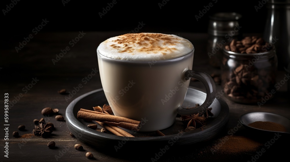 Cup of coffee with coffee beans and cinnamon, Generative AI Cup of coffee with coffee beans and cinnamon, Generative AI