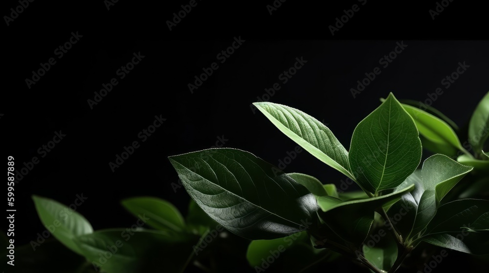 Fresh green organic leaves isolated on black background. AI generated. Fresh green organic leaves isolated on black background. AI generated.