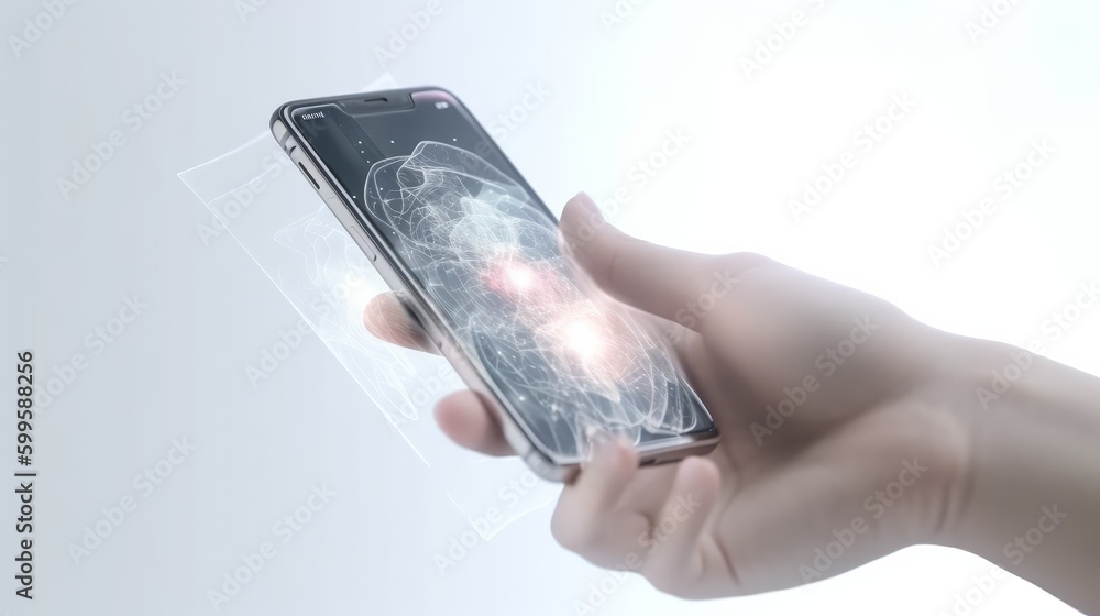 Hand holding smartphone with Ai virtual display over white background. AI generated. Hand holding smartphone with Ai virtual display over white background. AI generated.