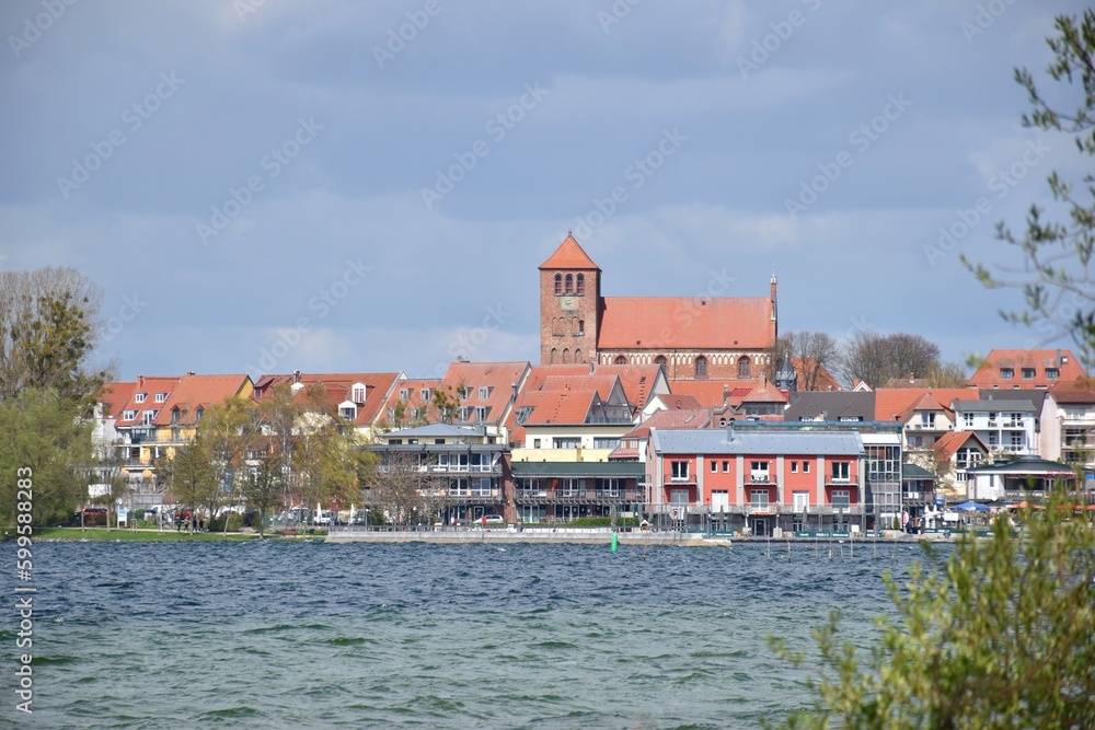View of the old town of Waren at the bank of Muritz lake, Mecklenburg, Germany
