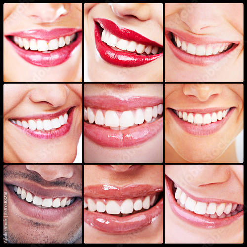 Dentistry  health and collage of teeth smiles with dental wellness and fresh mouth routine. Self care  cosmetic and montage of a diverse group of people with a clean  healthy and organic oral hygiene