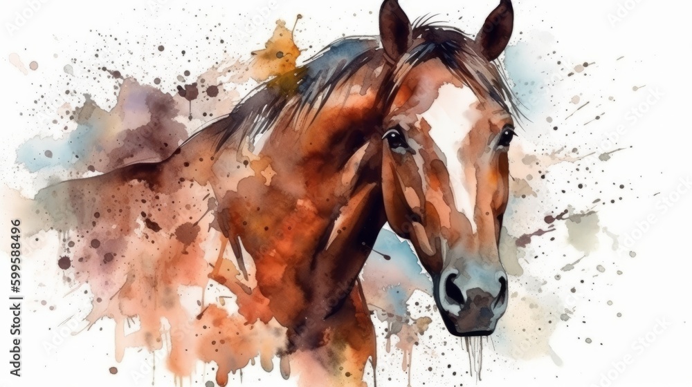 Horse on white background in watercolor style. AI generated.