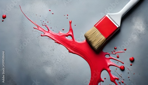 Top view of red splash paint and brush on gray concrete table with copy space