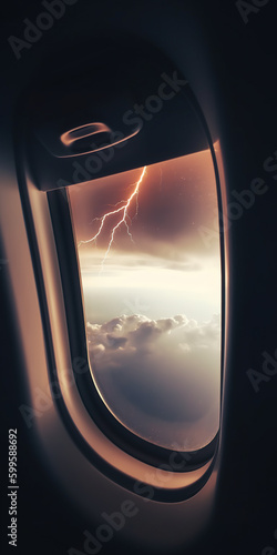 Generative AI illustration of dramatic view through airplane window of dark gloomy sky with heavy clouds during thunder with lightning photo