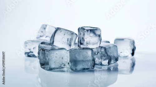 Pile of crystal clear ice cubes on white background. AI generated.