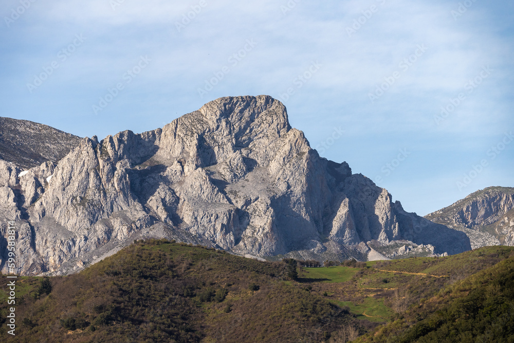 Mountain ridge with trees under blue sky