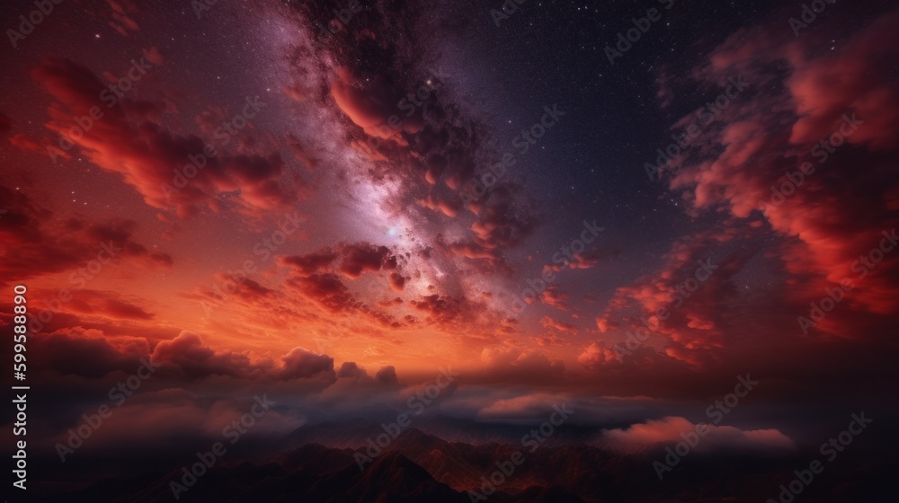 Image of a glowing red galaxy night sky. AI generated.