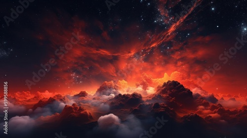Image of a glowing red galaxy night sky. AI generated.