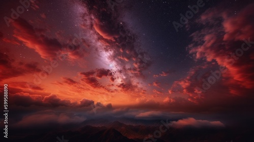 Image of a glowing red galaxy night sky. AI generated. © vadymstock