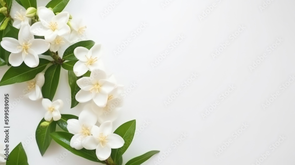 Jasmine white flowers on white background. AI generated. Jasmine white flowers on white background. AI generated.